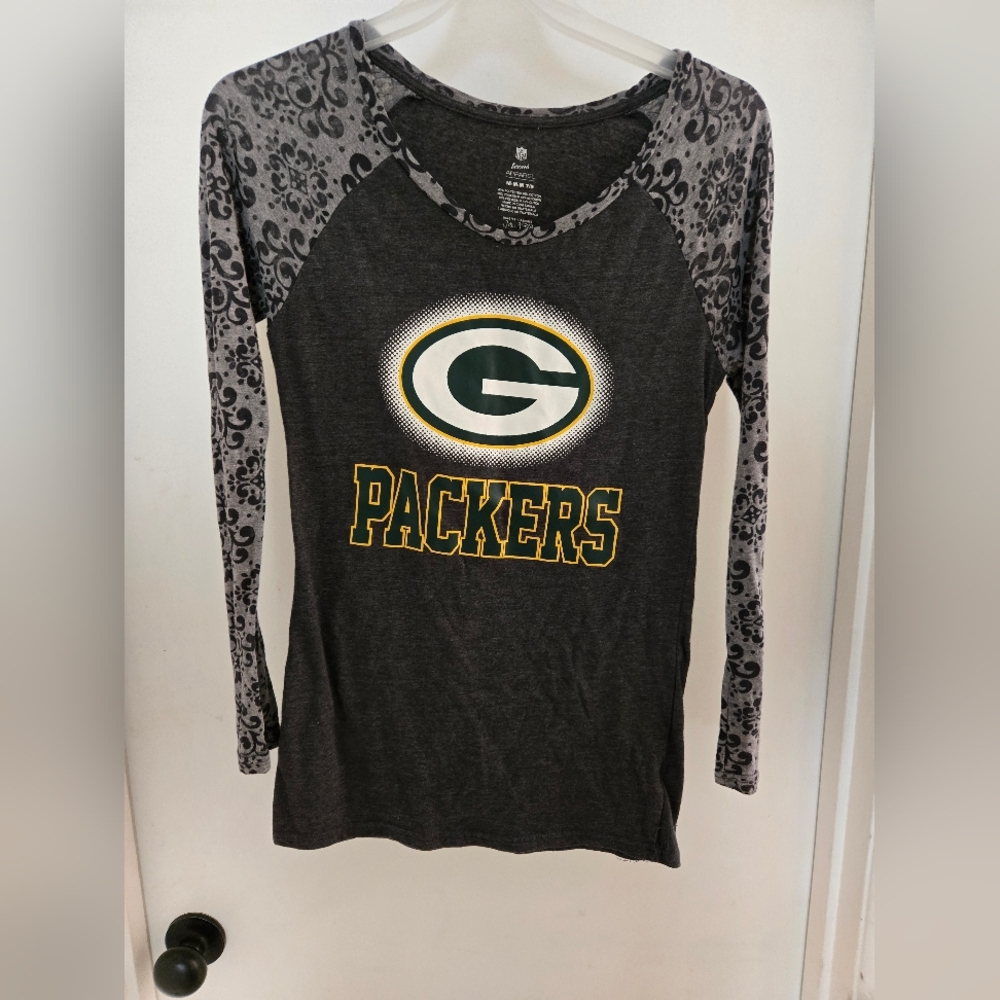NFL Teens Apparel Green Bay Packers Womens Shirt Damask Sleeves Sz M Gray